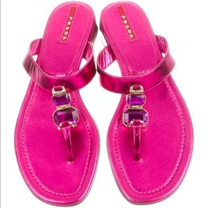 🔥authentic  Prada sport T- strap pink metallic sandals